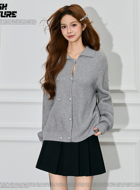 SLASH 灰色翻领双排扣针织开衫女春秋宽松显瘦软糯慵懒风外搭上衣