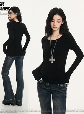 SLASH 黑色大圆领针织打底衫女软糯亲肤修身显瘦百搭长袖内搭上衣