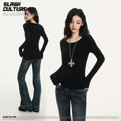 大圆领针织长袖显瘦打底衫女