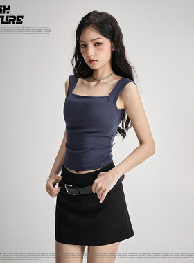 SLASH 韩系甜酷风藏蓝方领吊带女修身显瘦带胸垫内搭外穿美背上衣