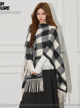 SLASH 秋冬氛围感黑白格针织披肩女流苏装饰保暖外搭围巾两用斗篷