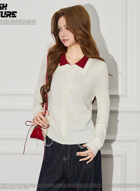 SLASH 学院风米白红领薄款针织衫女士温柔双层娃娃领长袖打底开衫