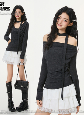 SLASH 深花灰色挂脖露肩针织衫女辣妹设计感修身显瘦打底外穿上衣