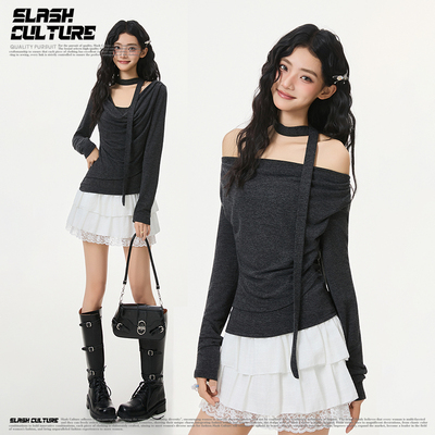 深花灰挂脖露肩修身显瘦针织上衣