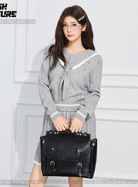 SLASH 灰色海军领系带镂空针织套装女士春秋学院风百褶裙两件套