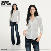 SLASH 上衣 显瘦百搭长袖 白色蕾丝拼接V领衬衫 女士气质纯欲风修身
