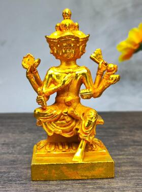 复古黄铜鎏金四面佛客厅茶几禅意茶宠摆件车载迷你供奉摆件