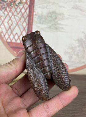 工艺纯铜黄铜金蝉墨盒印泥盒子仿古挂件手把摆件一鸣惊人纯铜墨盒