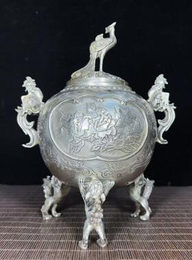 国风鎏银纯铜高浮雕錾刻凤凰牡丹三狮三凤香炉复古家居自用香炉