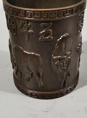 紫铜五牛图笔筒工艺精细包浆完美家居书房办公室书桌装饰摆件