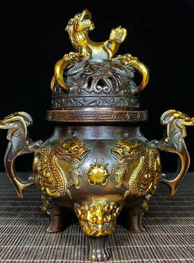 仿古纯铜鎏金二龙戏珠香炉铜香炉纯铜客厅家居自用香炉摆件