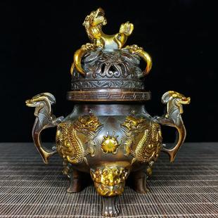 仿古纯铜鎏金二龙戏珠香炉铜香炉纯铜客厅家居自用香炉摆件