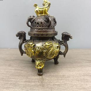 仿古铜摆件古玩铜器二龙戏珠做工精致铜香炉纯铜客厅工艺品中式