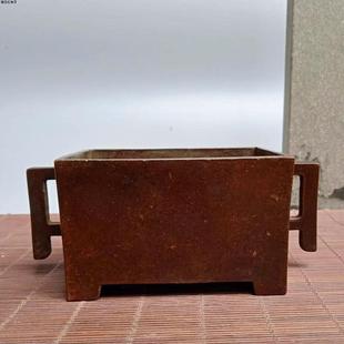 古玩铜器马槽炉 家用供奉香炉摆件 双耳长方形宣德款底香炉摆件