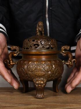 大号纯铜螭龙狮盖三足炉枣红皮包浆 皮色红润 开业送礼  铜之重器
