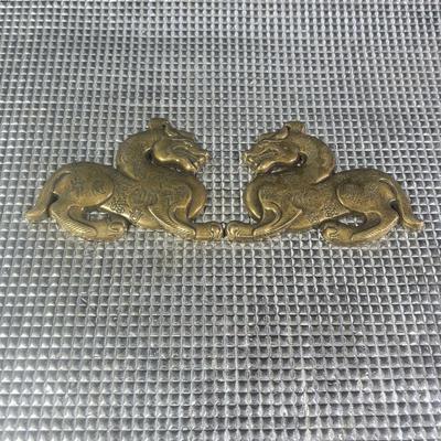 古玩收藏纯铜麒麟兵符一对书房镇尺摆件