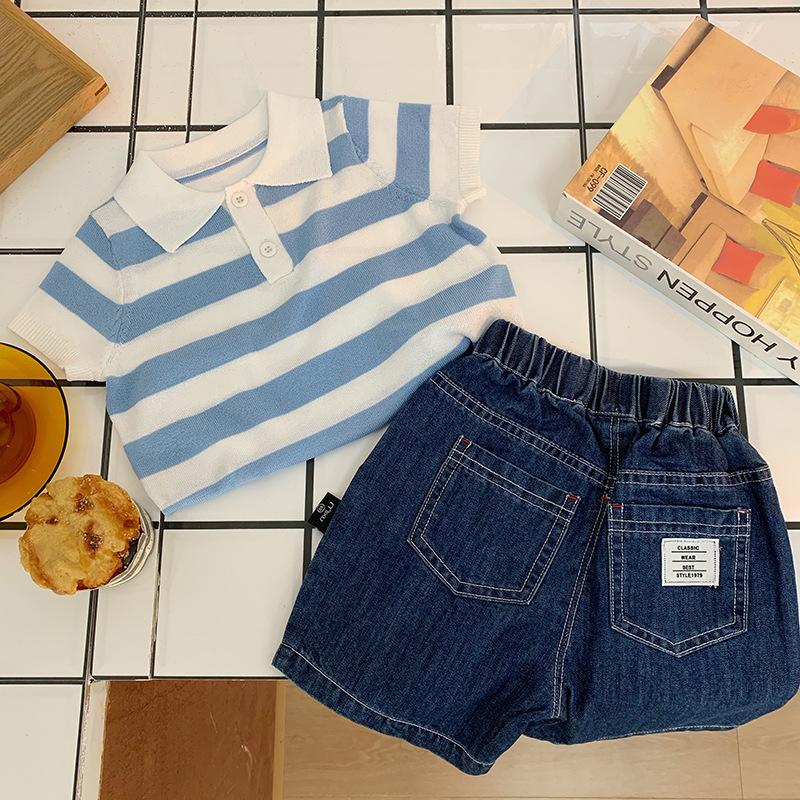 男童短袖polo衫冰丝条纹t恤套装