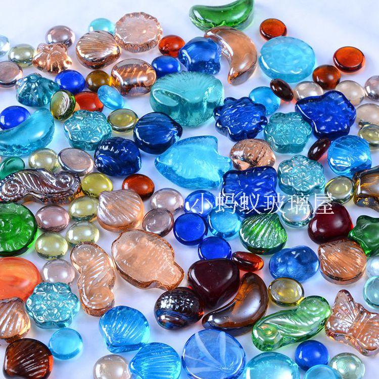 包邮彩色玻璃珠扁珠石头鱼缸装饰海草造景玻璃球水草水晶弹球造景