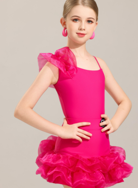 CD卡门新品夏季拉丁练习服火龙果色网纱裙摆梦幻网红显白长腿