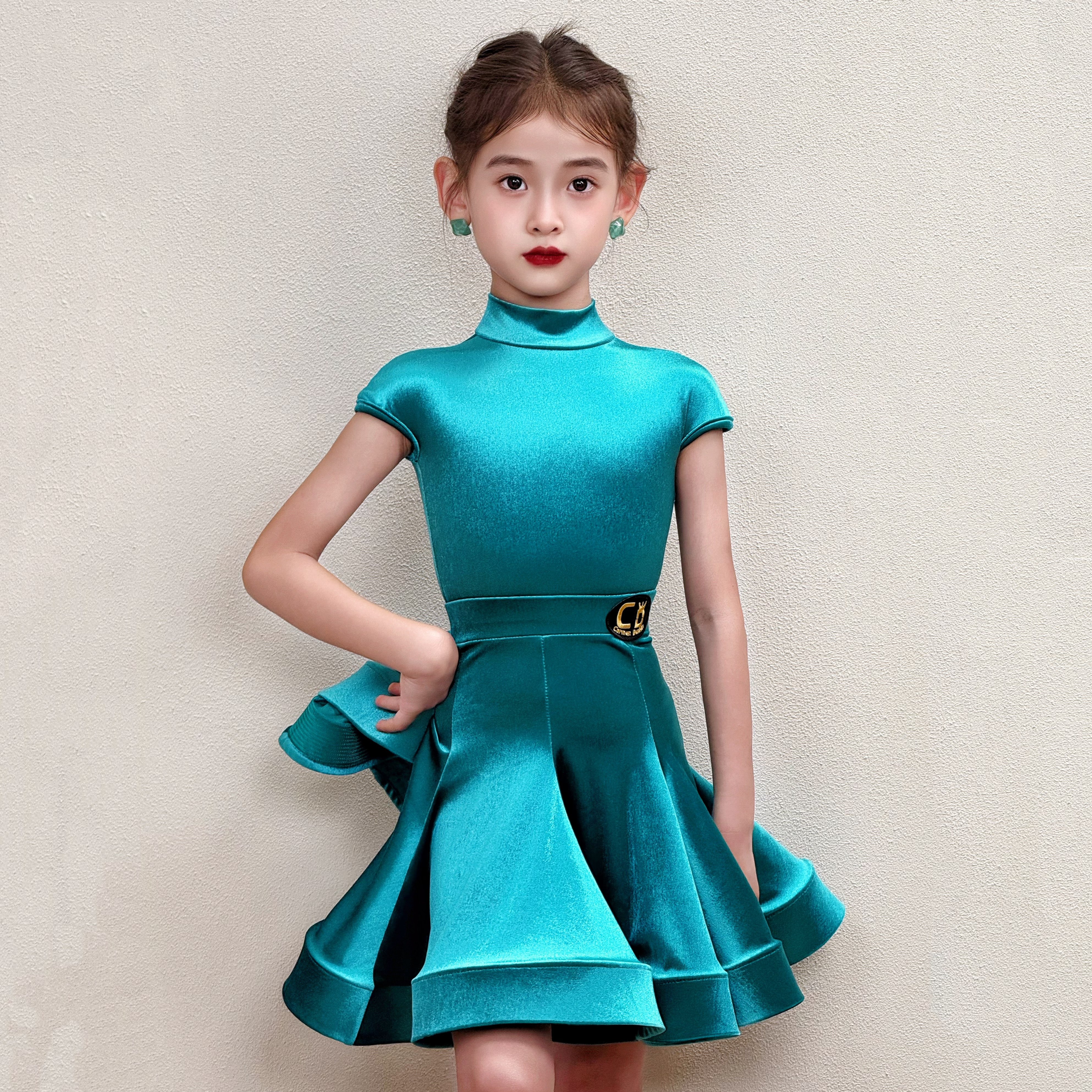 CD卡门亮面丝绒湖水蓝绿短袖拉丁舞服女童表演专业比赛标准规定服