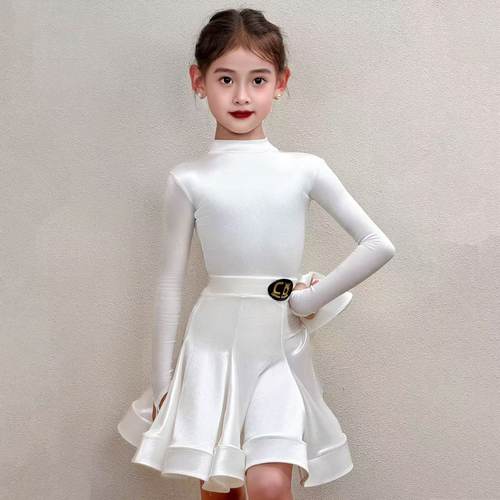 亮面丝绒白长袖拉丁舞服大裙摆