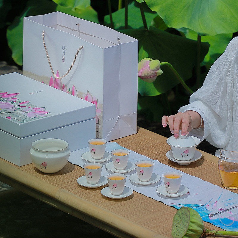 白瓷荷花高脚盖碗陶瓷釉上彩茶具套装茶杯礼盒装中国白定制伴手礼