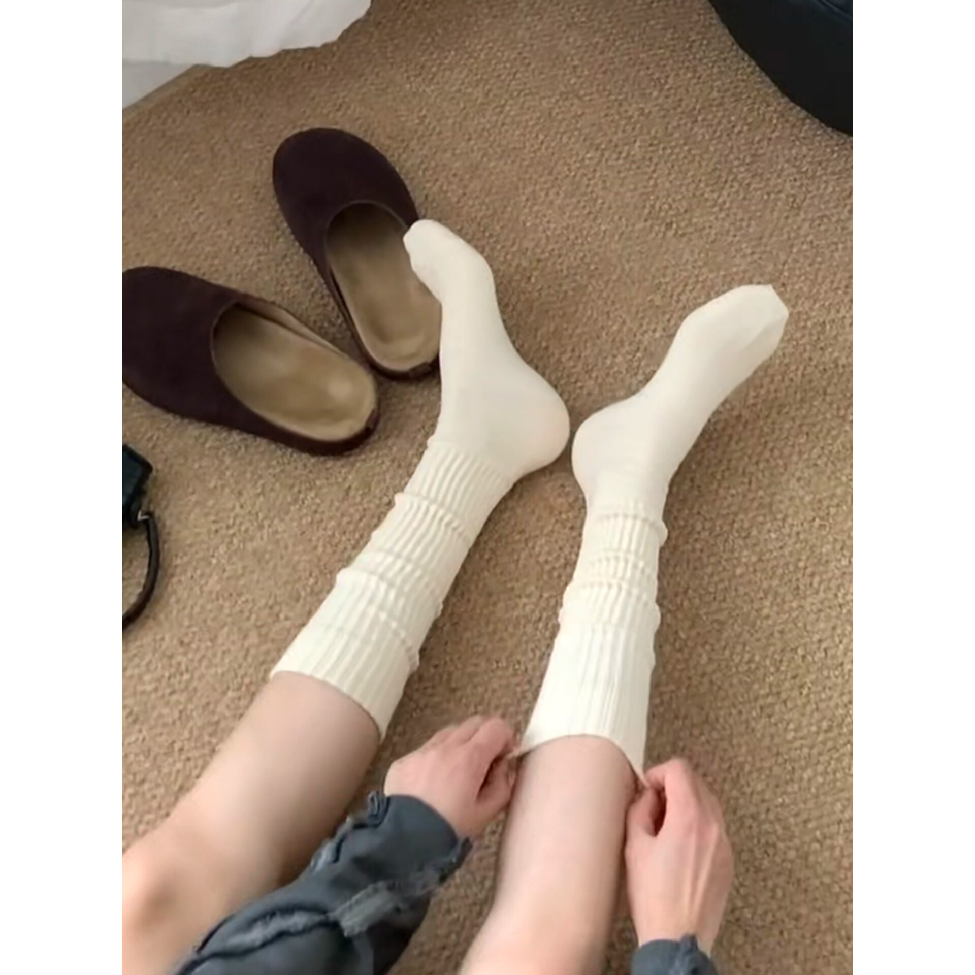 袜子女春秋小腿袜堆堆袜中筒袜配勃肯鞋显瘦白色长筒袜韩国ins潮