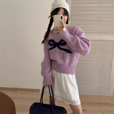 韩系风提花蝴蝶结套头毛衣女秋冬新款软糯甜美慵懒风针织衫上衣