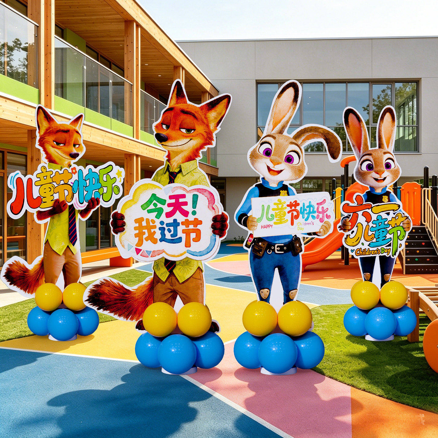 61幼儿园六一儿童节教室布置场景装饰疯狂动物城主题气球立柱摆件