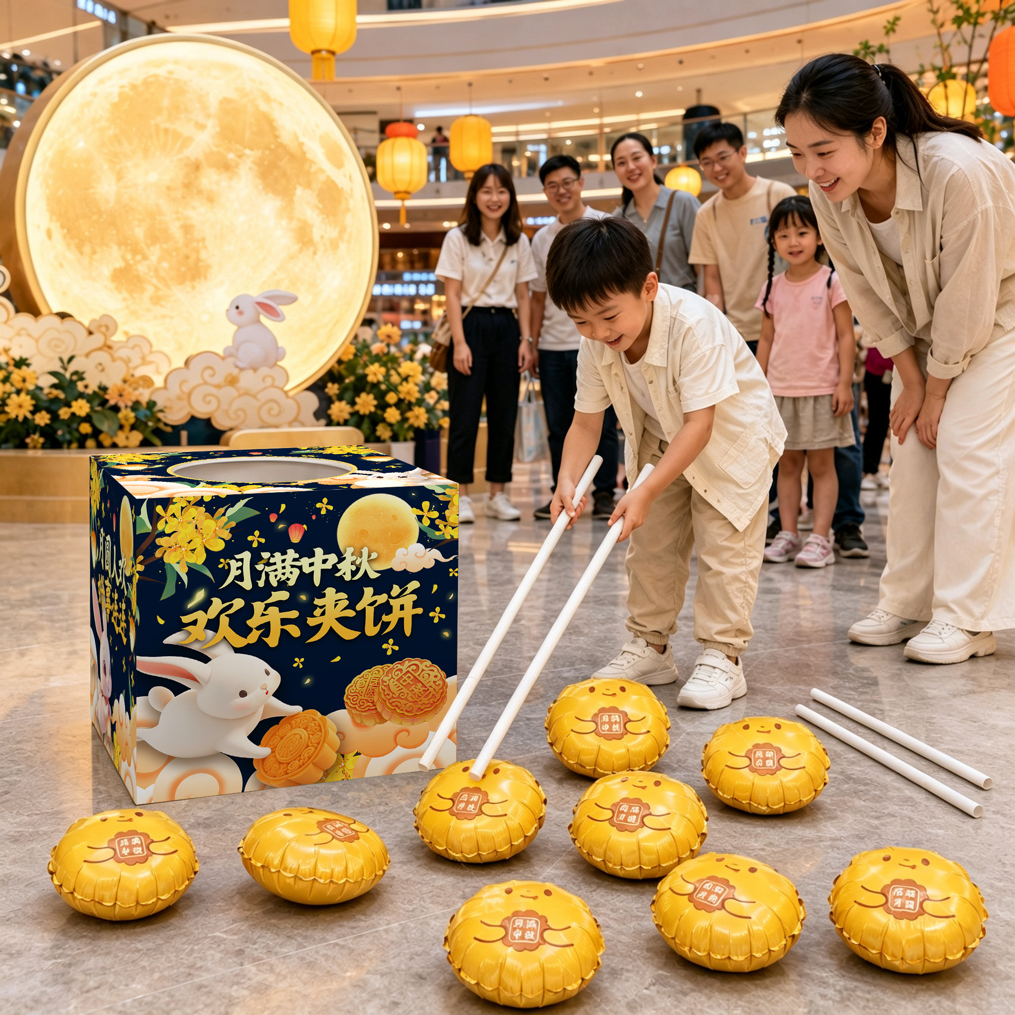 商场中秋游园会夹月饼游戏互动盒子店铺活动节日氛围场景布置道具