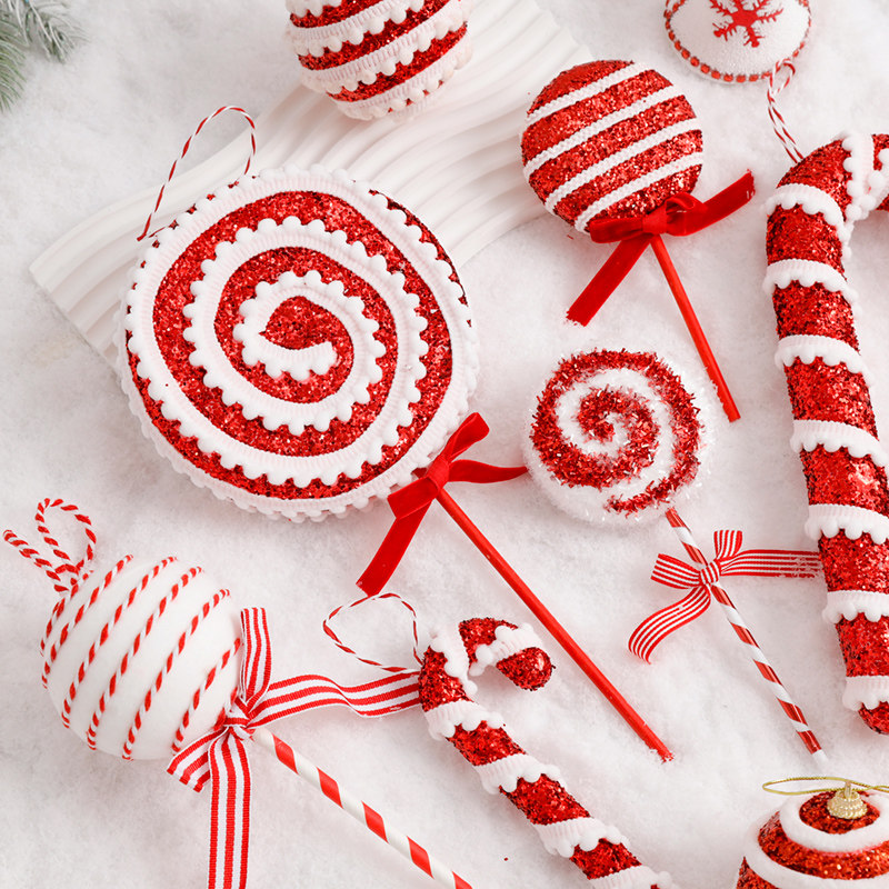 圣诞节装饰品红白绒布拐杖糖果圣诞树装饰挂饰网红棒棒糖拍摄道具