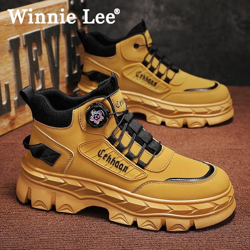 Winnie Lee户外登山防水防滑增高工装靴马丁靴男高帮冬季英伦风覆