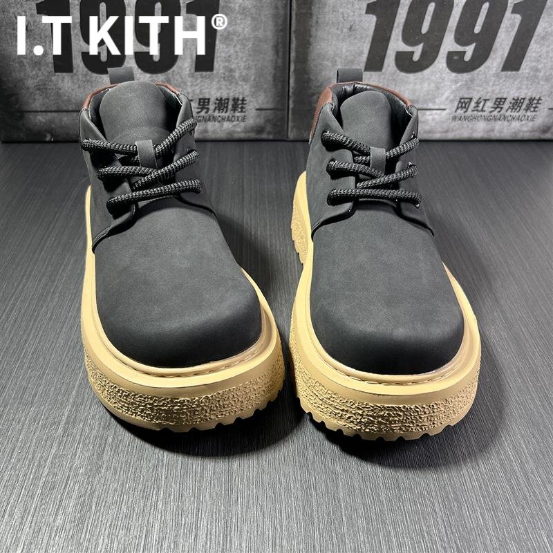 I.T KITH春季新款工装风男士皮面马丁靴中帮系带厚底百搭潮流高