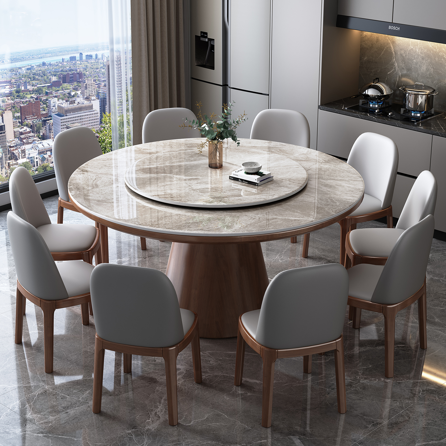 岩板圆形餐桌椅组合现代简约轻奢大圆桌带转盘实木家用电磁炉饭桌