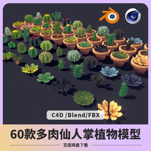 blender卡通多肉仙人掌植物模型C4D仙人球3D素材fbx植物自然盆栽