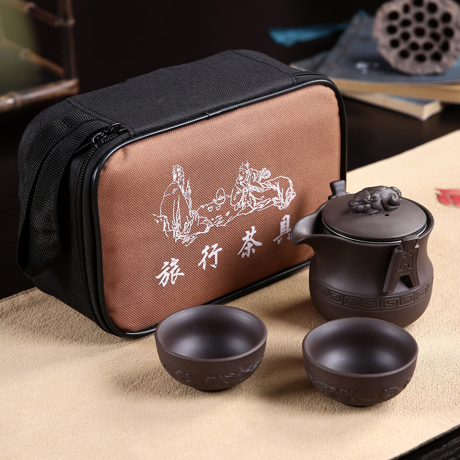 紫砂茶壶快客杯一壶二杯 陶瓷办公携带手抓壶便携式功夫旅行茶具
