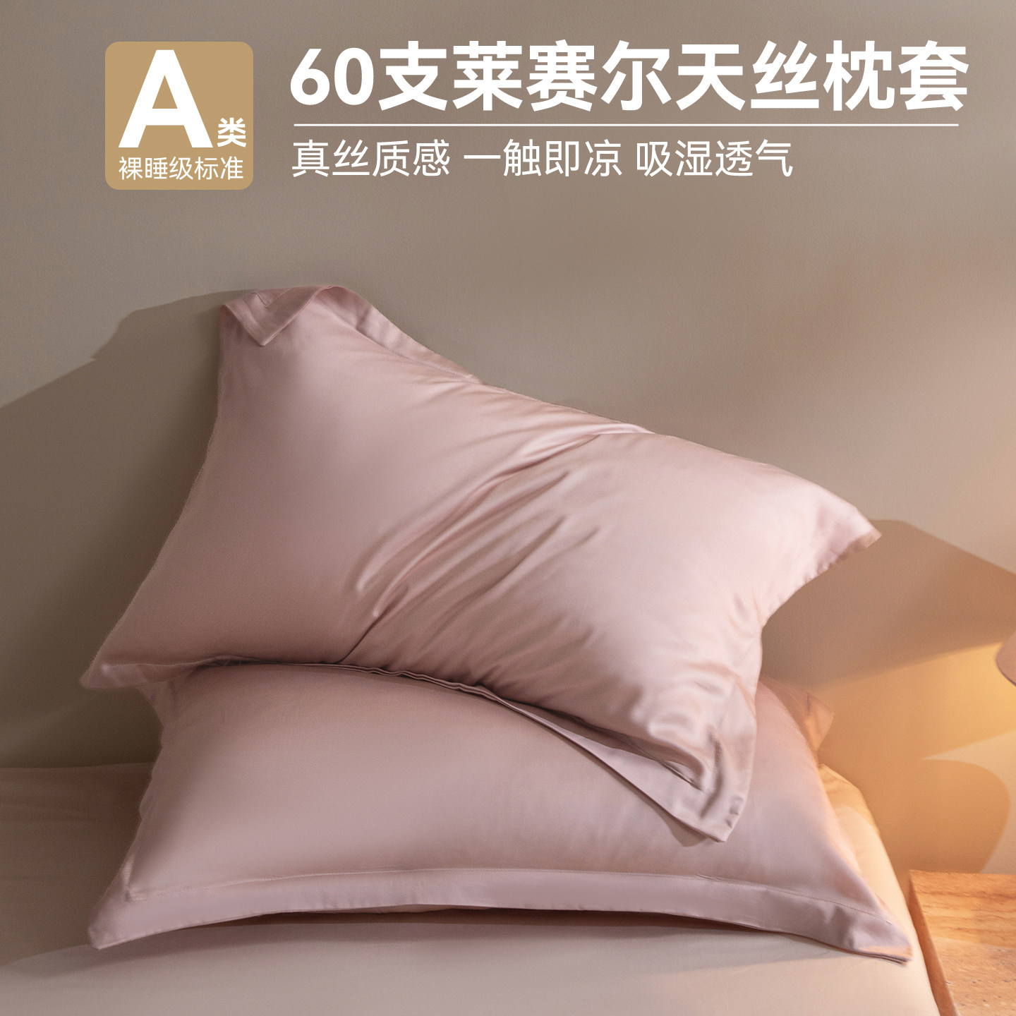 A类莱赛尔纤维天丝枕套夏季纯色冰丝枕头套一对装40x60单个枕头套
