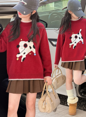 女童红色毛衣2025新款秋冬大童加厚打底初中生新年针织衫本命年