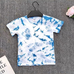白族扎染云南手工t恤大理植物蓝染丝光棉圆领透气男童女童短袖夏