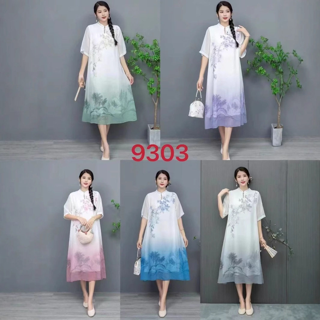 民族风复古夏季宽松立领数码印花盘扣雪纺连衣裙女中长裙时尚气质