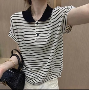 条纹POLO衫 休闲百搭针织短袖 设计感经典 T恤女2023年夏季 上衣 新款