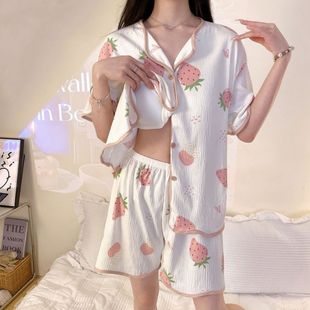 ins风睡衣女Leisure Wear夏季V领带胸垫短袖甜美可爱家居服