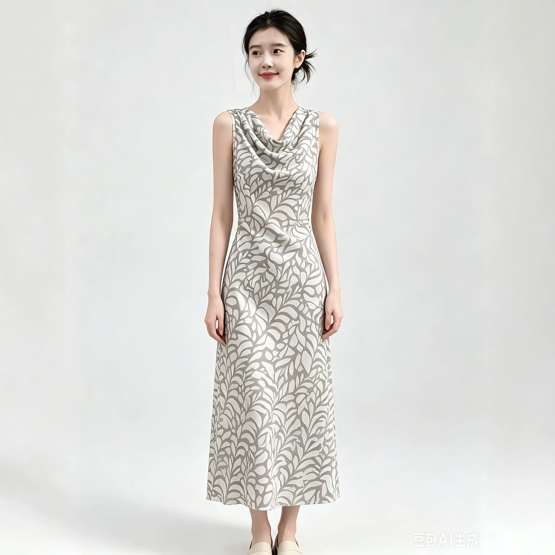syfs9215气质灰色印花荡领连衣裙女2026夏季法式轻熟风穿搭长裙子