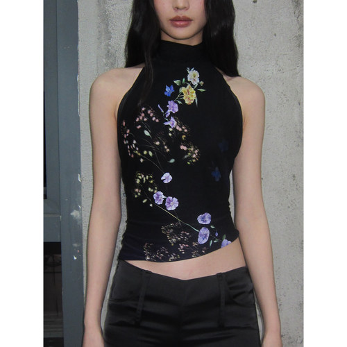 SHIJIRRR 25SS渐变色花朵印花网纱露背绑带上衣