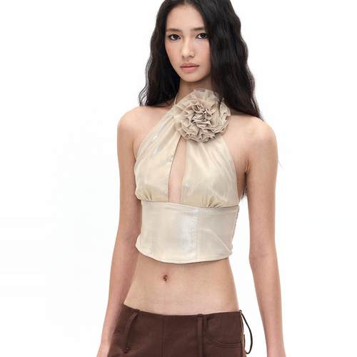 SHIJI烫金立体花复古挂脖上衣