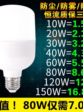 LED节能灯泡E27螺口家用球泡灯20W40W100W大功率超亮厂房照明灯