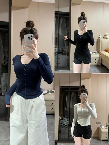 2025秋冬新款女装简约排扣开衫内搭V领针织衫