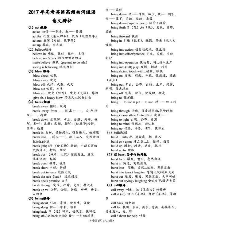 高中高考英语高频动词短语意义辨析10页a-t首字母词组word电子版