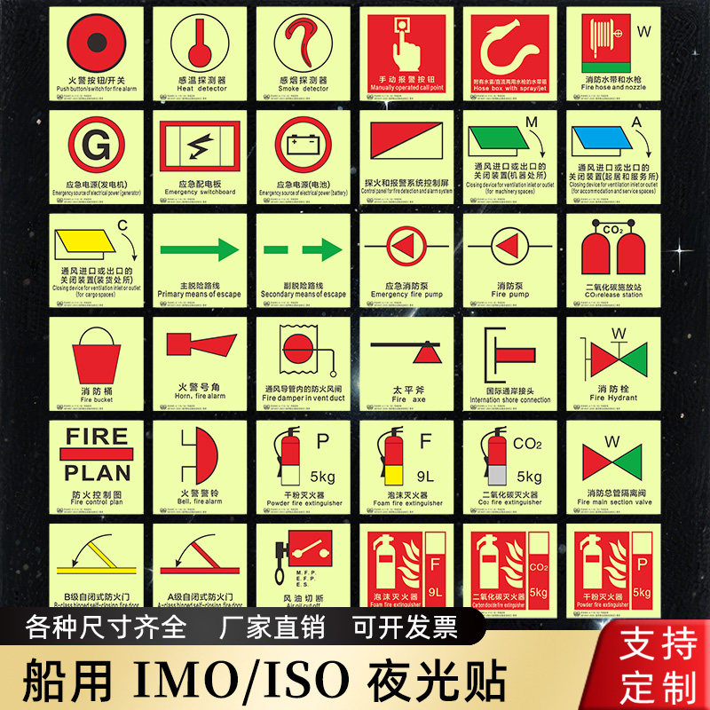 船用imo标识灭火器应急消防泵桶沙箱火警按钮铃太平斧夜光IMO标牌图片