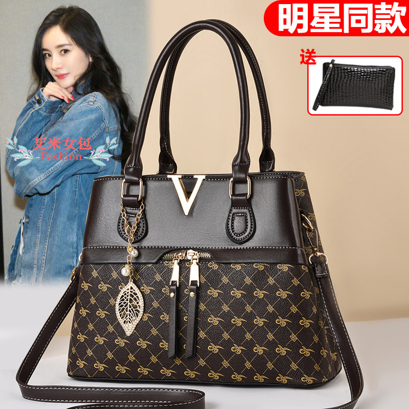 真皮质感女包印花手提包